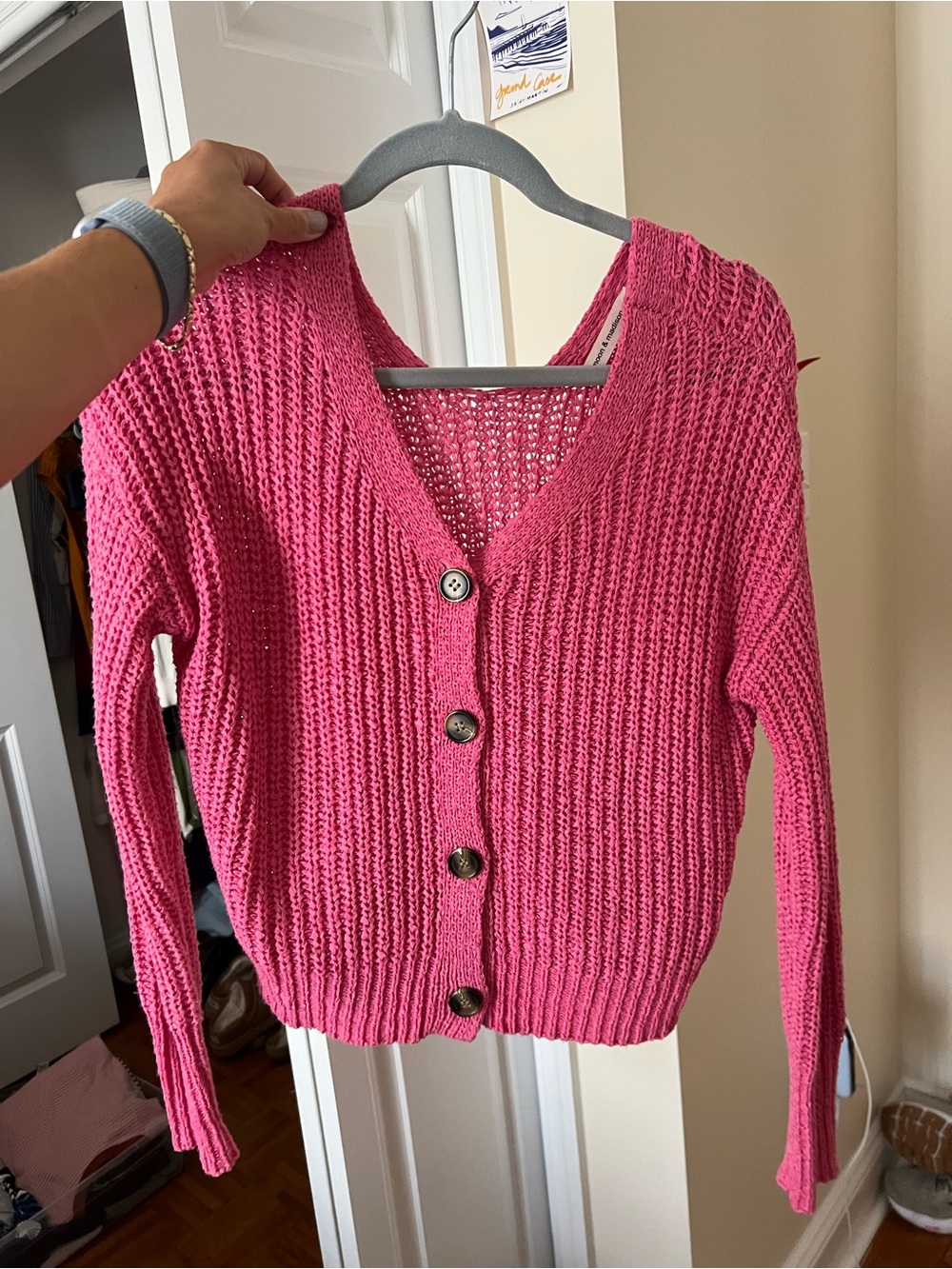 Pink V-Neck Button Front Women's Sweater Cardigan